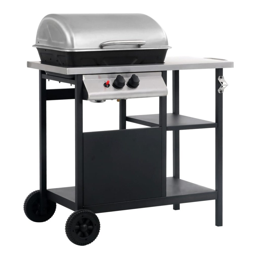 vidaXL Gasolgrill med sidobord i 3 nivåer svart och silver
