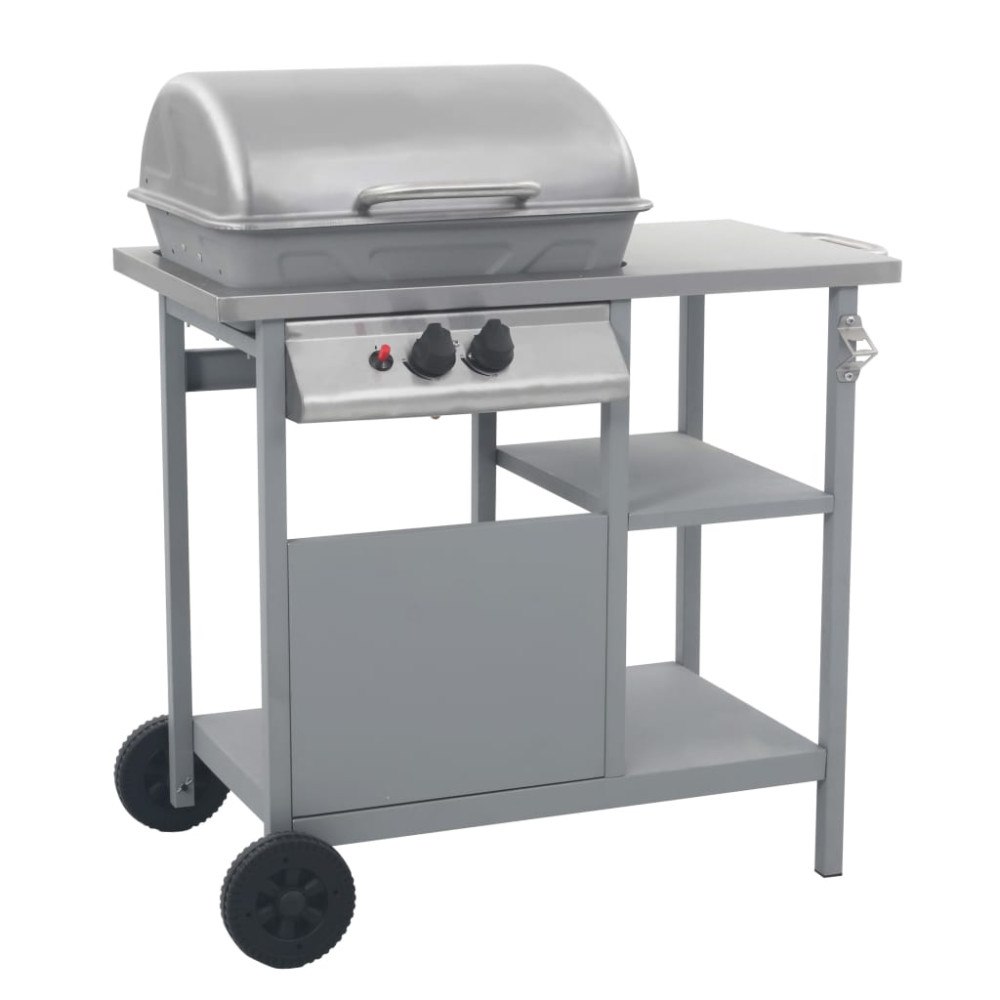 vidaXL Gasolgrill med sidobord i 3 nivåer silver