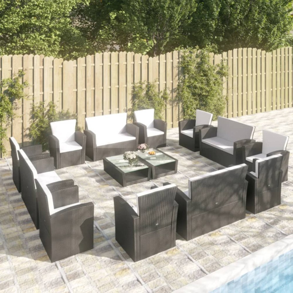 vidaXL Loungegrupp med dynor 16 delar konstrotting svart