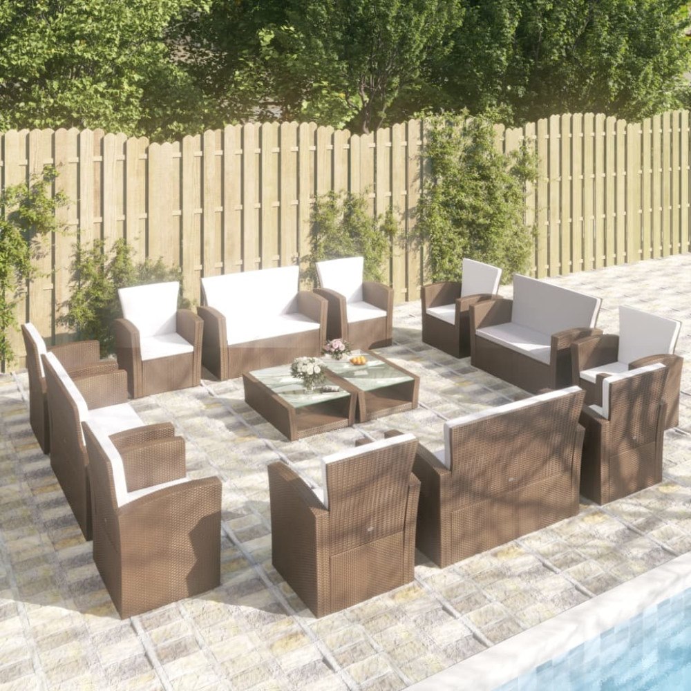 vidaXL Loungegrupp med dynor 16 delar konstrotting brun