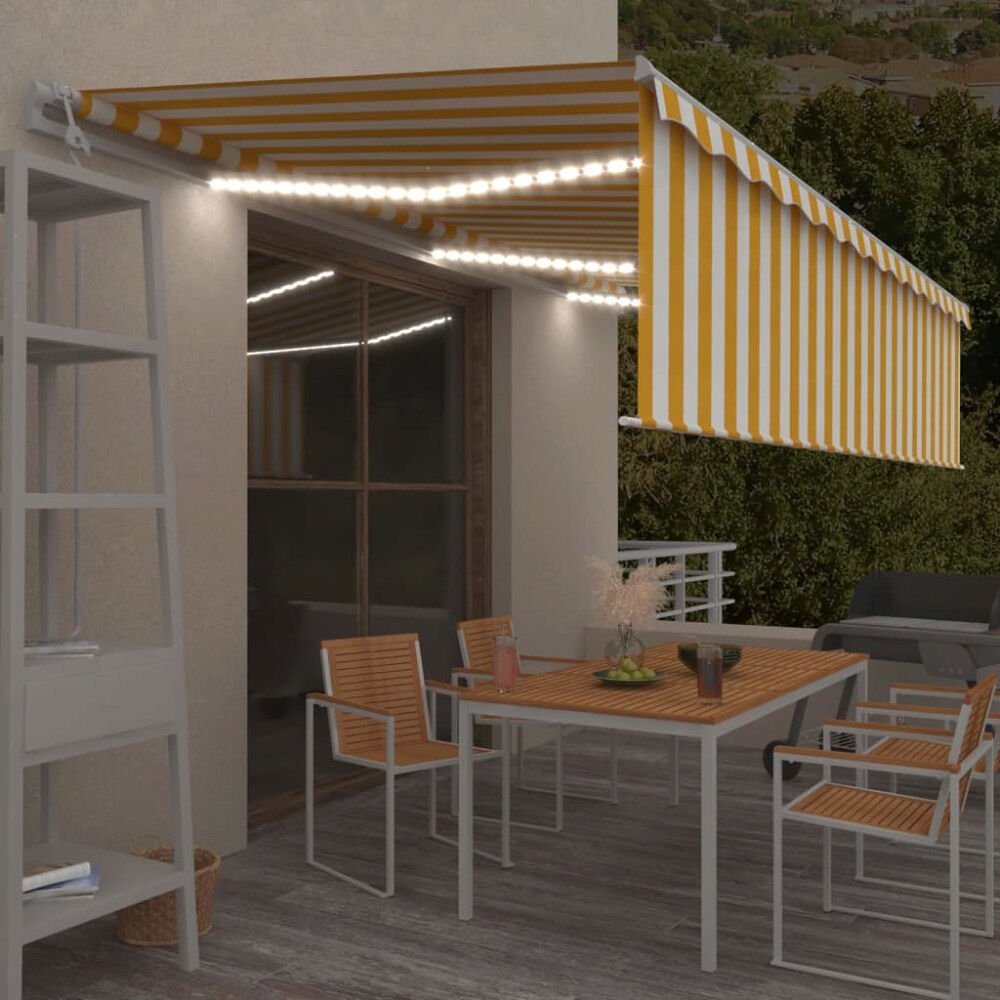 vidaXL Automatisk markis med rullgardin vindsensor LED 6x3 m gul/vit