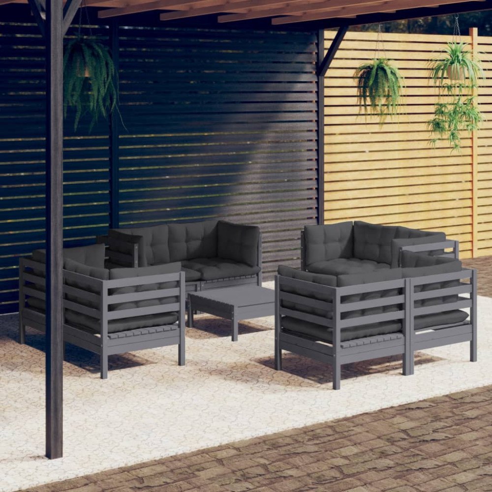 vidaXL Loungegrupp med antracit dynor 9 delar massiv furu