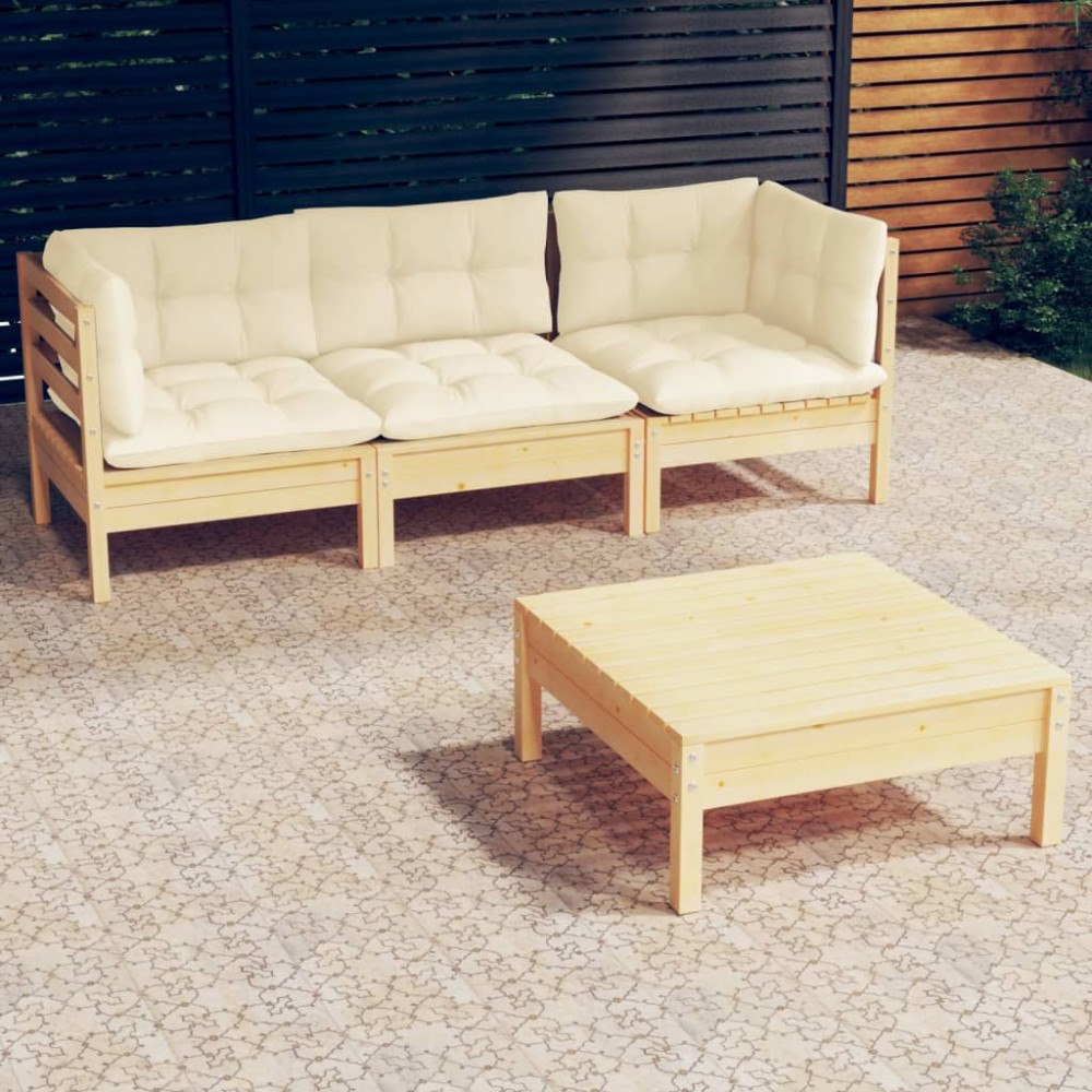 vidaXL Loungegrupp med gräddvita dynor 4 delar massiv furu