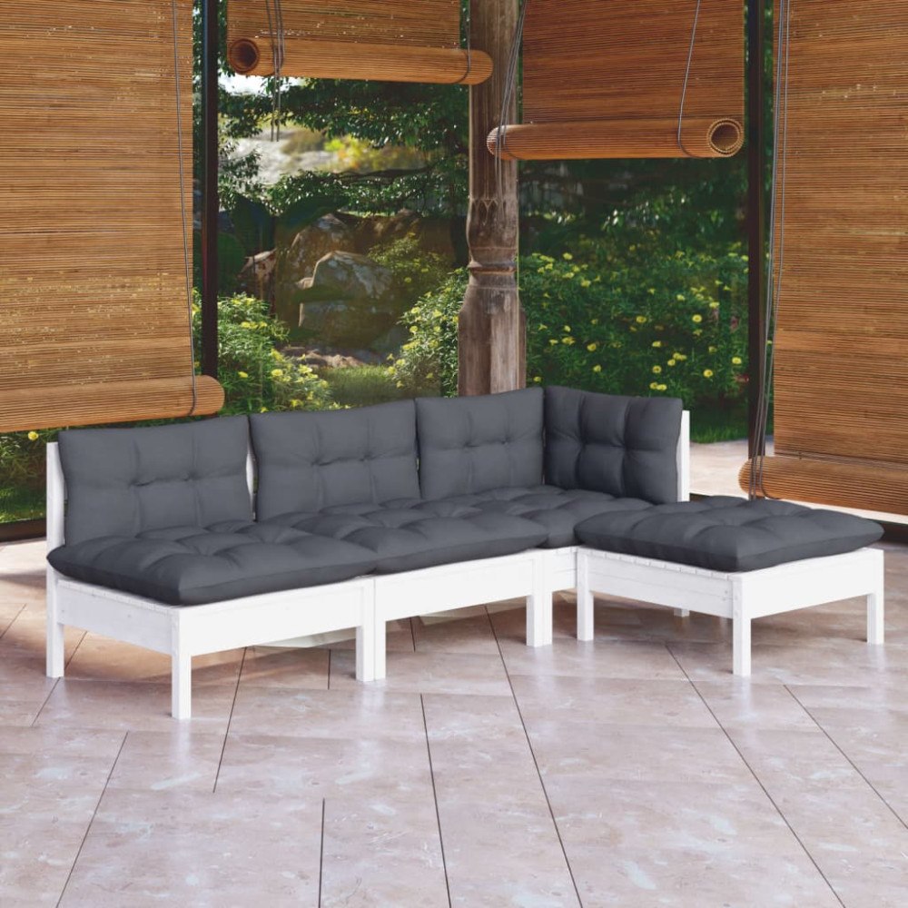 vidaXL Loungegrupp med dynor 4 delar vit massiv furu