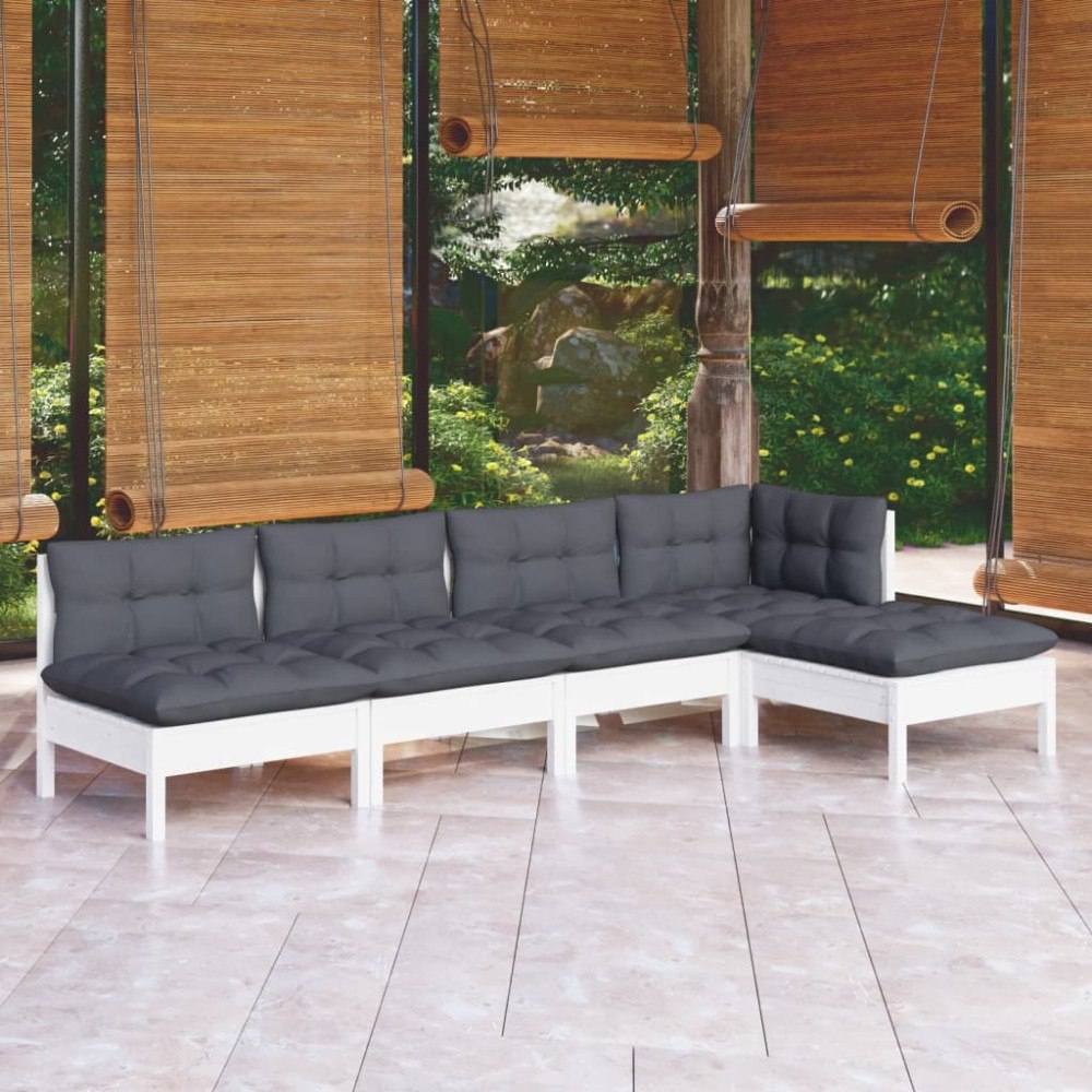 vidaXL Loungegrupp med dynor 5 delar vit massiv furu