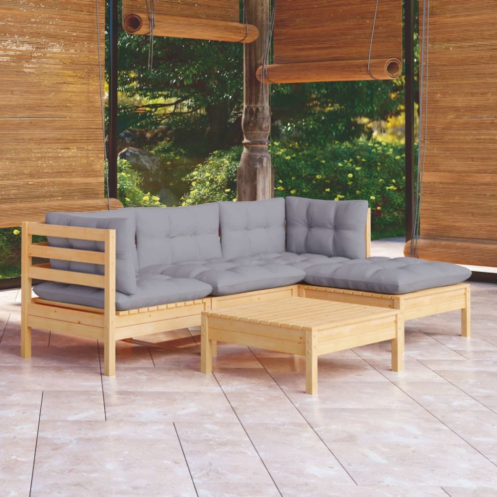 vidaXL Loungegrupp med dynor 5 delar grå furu