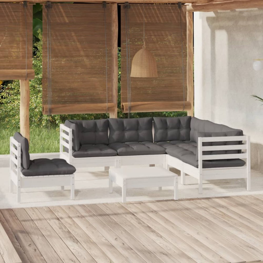 vidaXL Loungegrupp med dynor 6 delar vit massiv furu