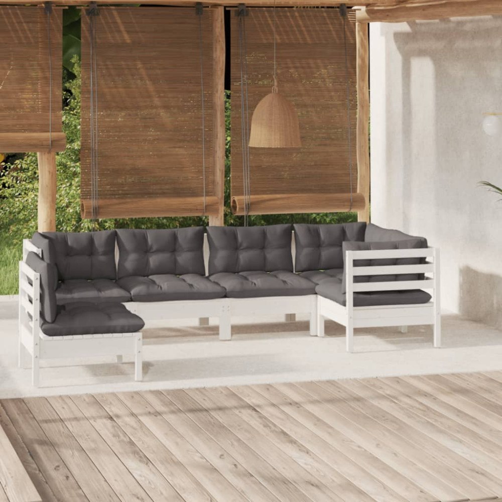 vidaXL Loungegrupp med dynor 6 delar vit massiv furu