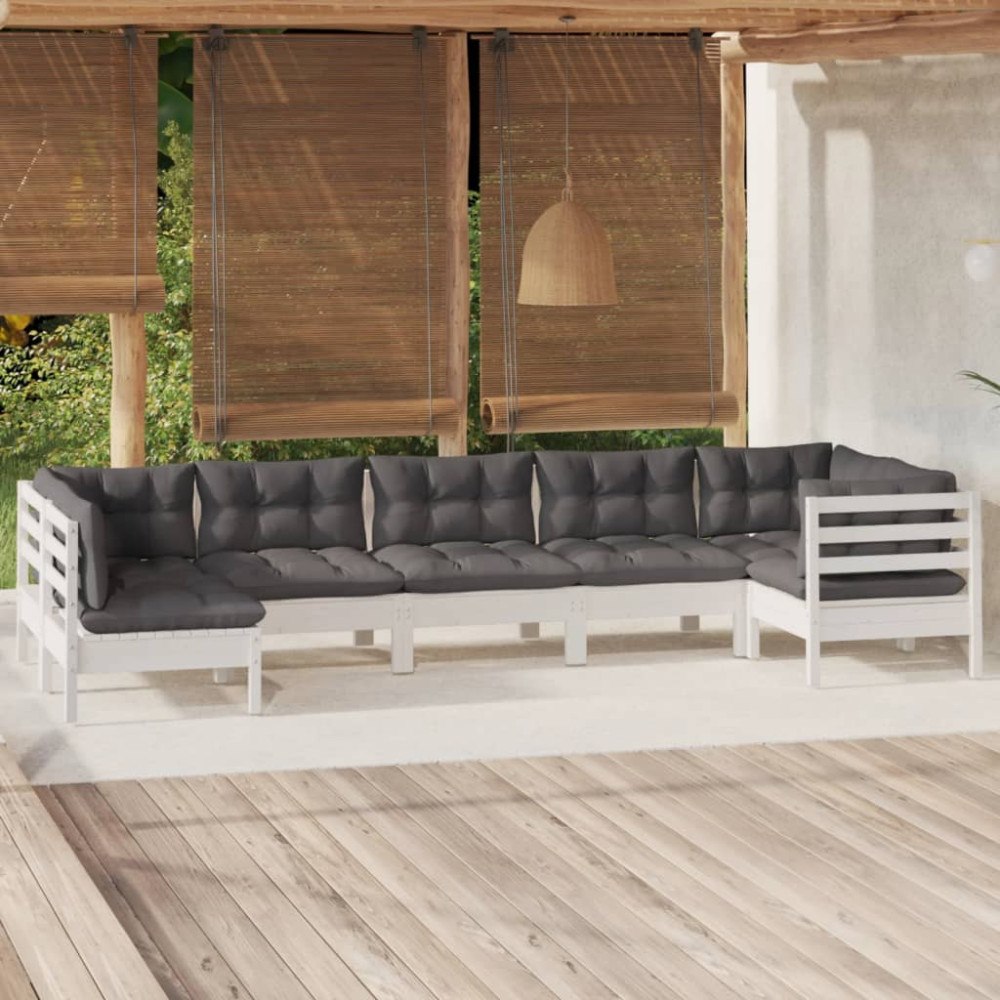 vidaXL Loungegrupp med dynor 7 delar vit massiv furu