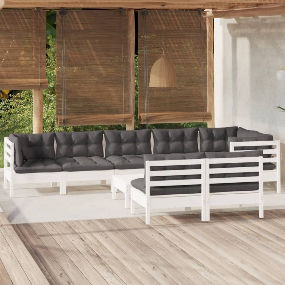 vidaXL Loungegrupp med dynor 9 delar vit massiv furu