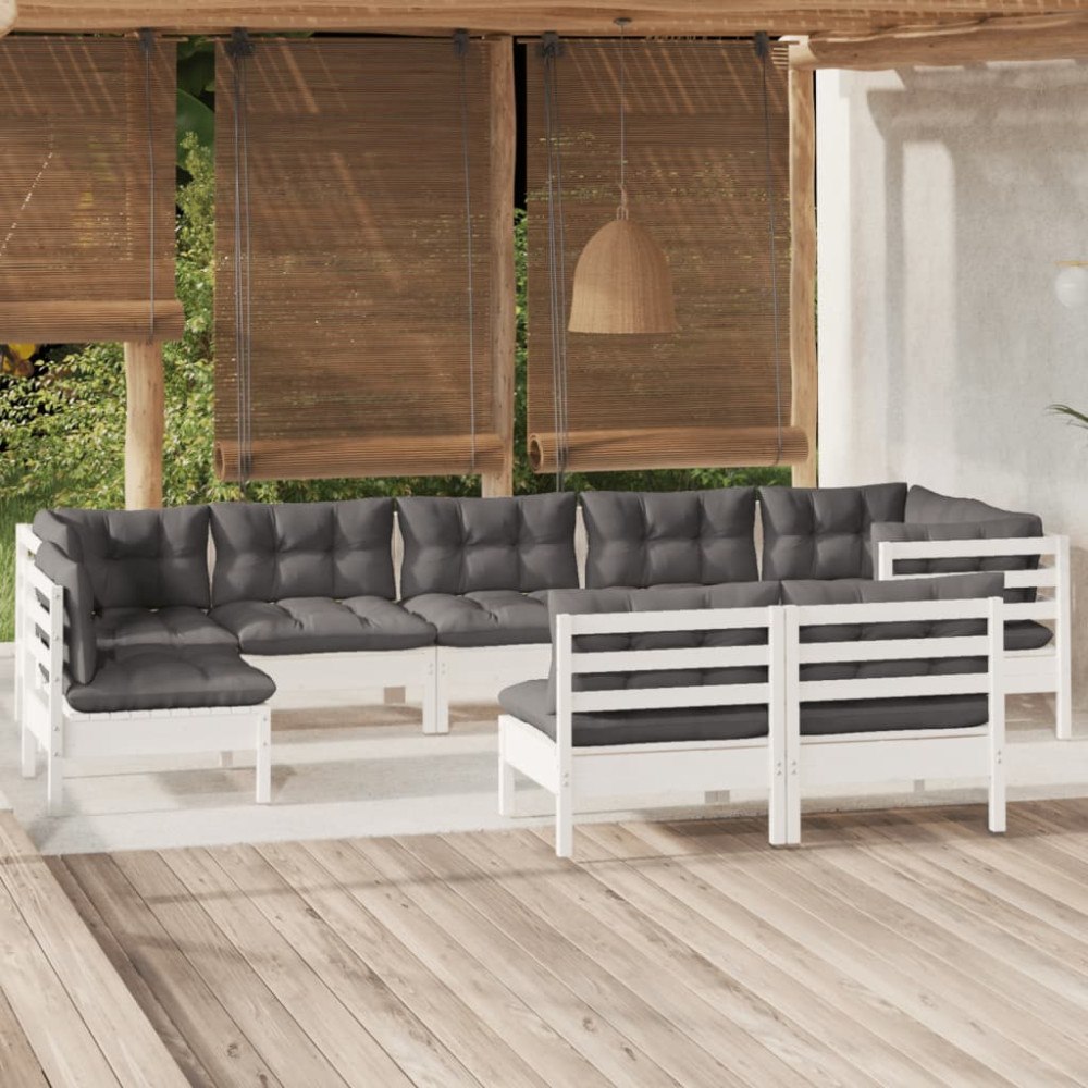 vidaXL Loungegrupp med dynor 9 delar vit massiv furu