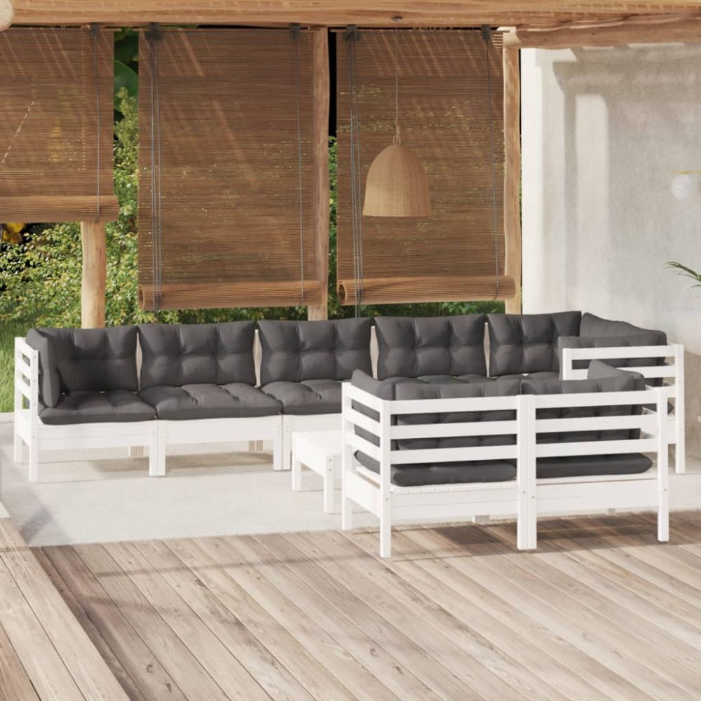 vidaXL Loungegrupp med dynor 9 delar vit massiv furu