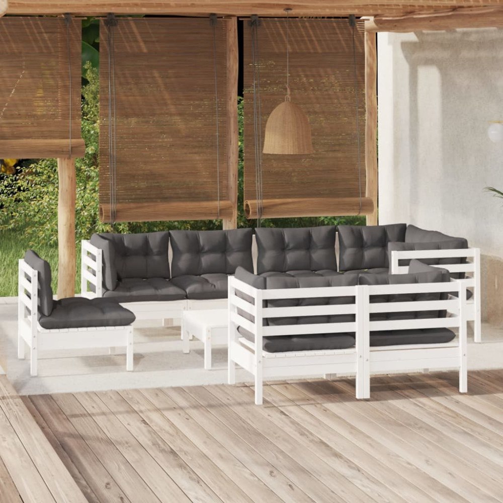 vidaXL Loungegrupp med dynor 9 delar vit massiv furu