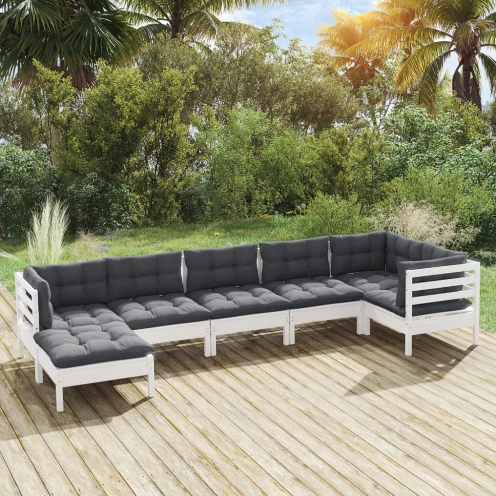 vidaXL Loungegrupp med dynor 7 delar vit massiv furu