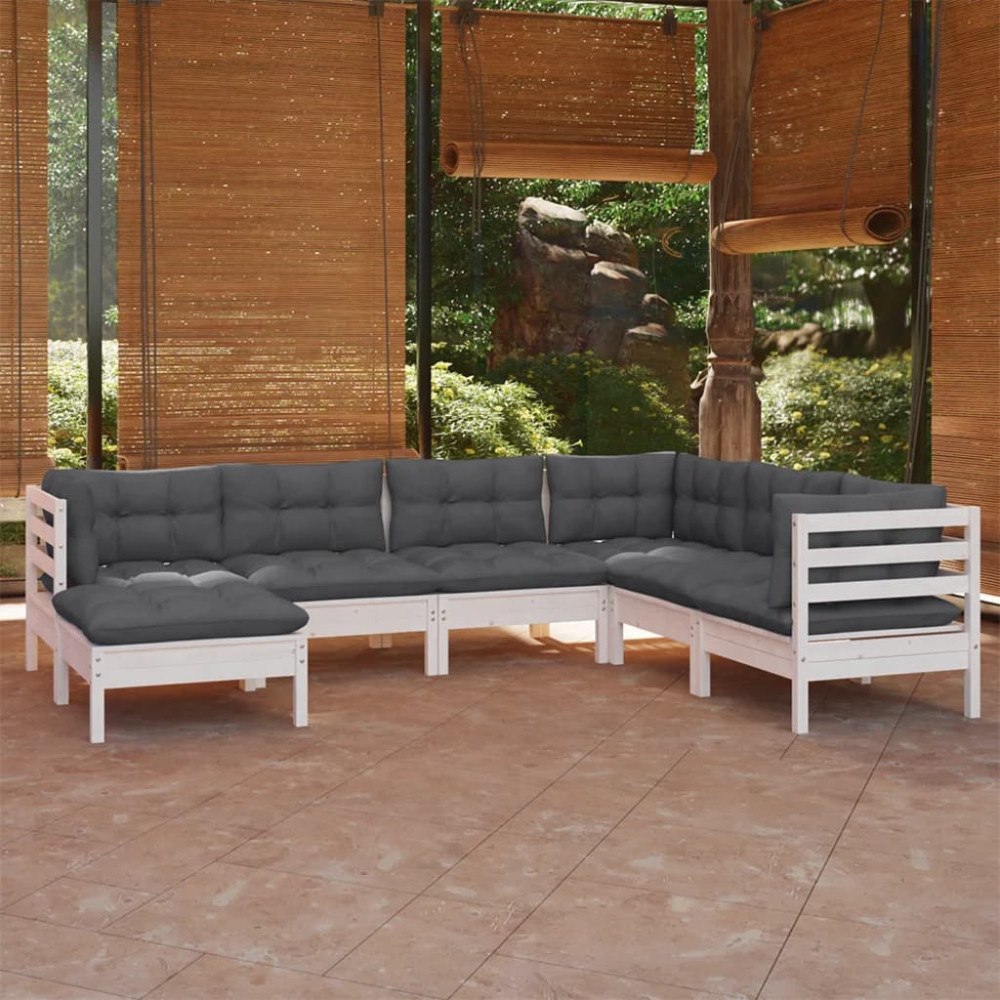 vidaXL Loungegrupp med dynor 7 delar vit massiv furu