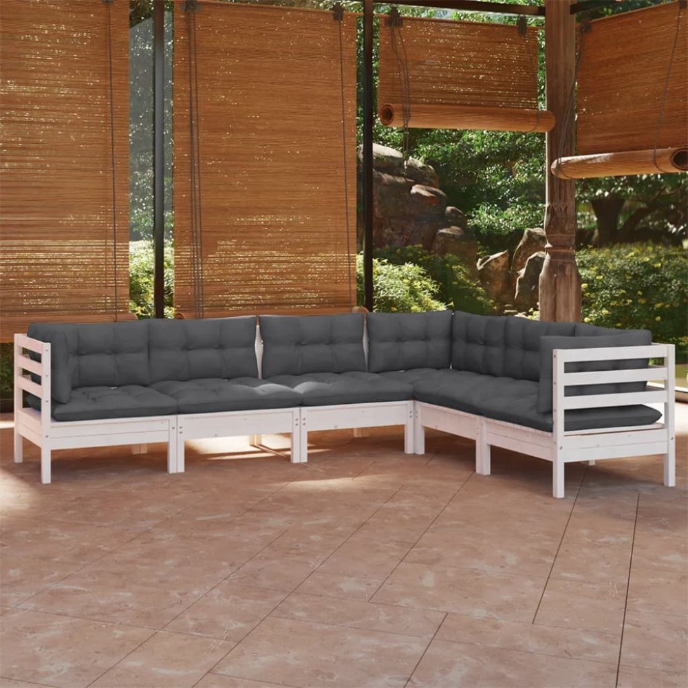 vidaXL Loungegrupp med dynor 6 delar vit massiv furu