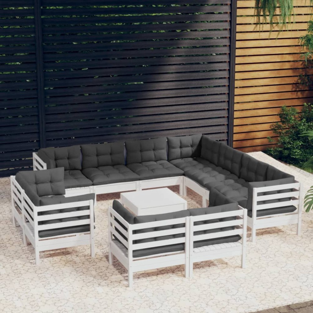 vidaXL Loungegrupp med dynor 12 delar vit massiv furu