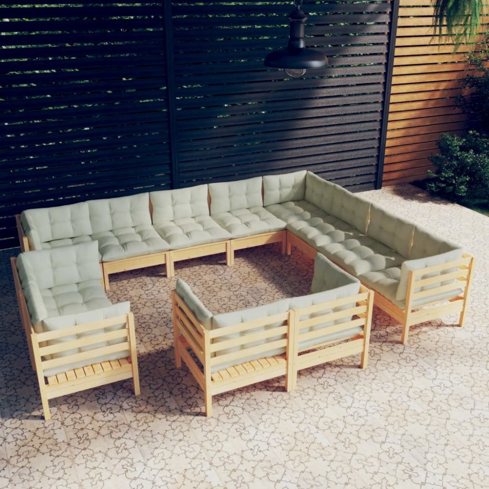 vidaXL Loungegrupp med gräddvita dynor 12 delar massiv furu