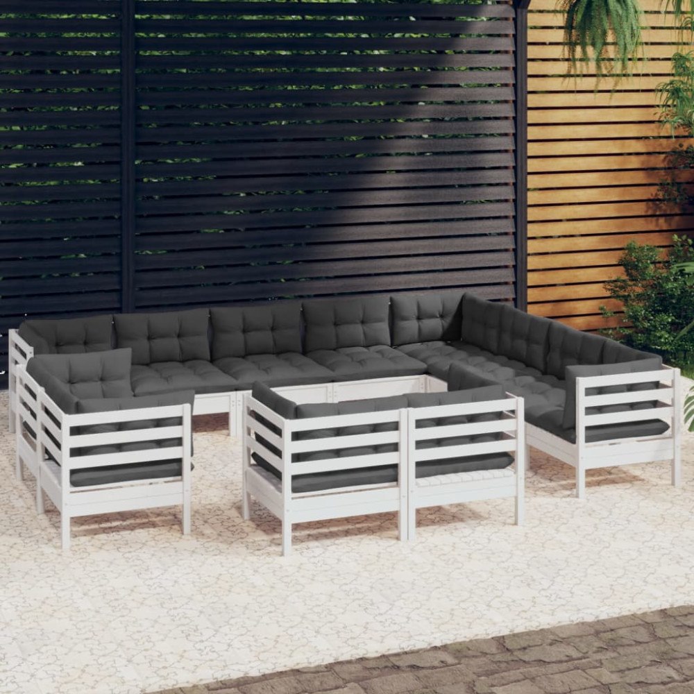 vidaXL Loungegrupp med dynor 12 delar vit massiv furu