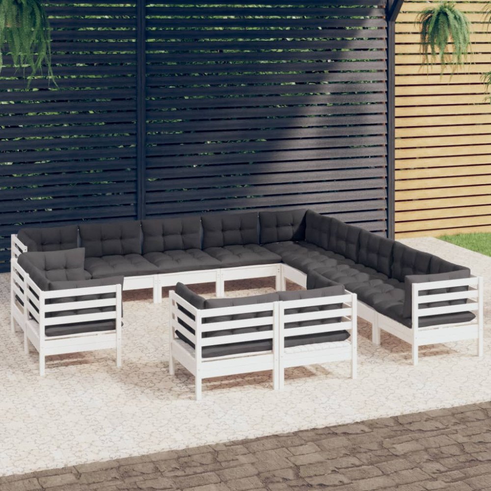 vidaXL Loungegrupp med dynor 13 delar vit massiv furu