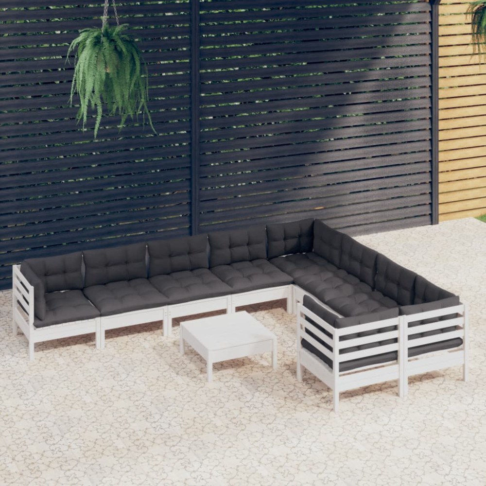 vidaXL Loungegrupp med dynor 10 delar vit massiv furu