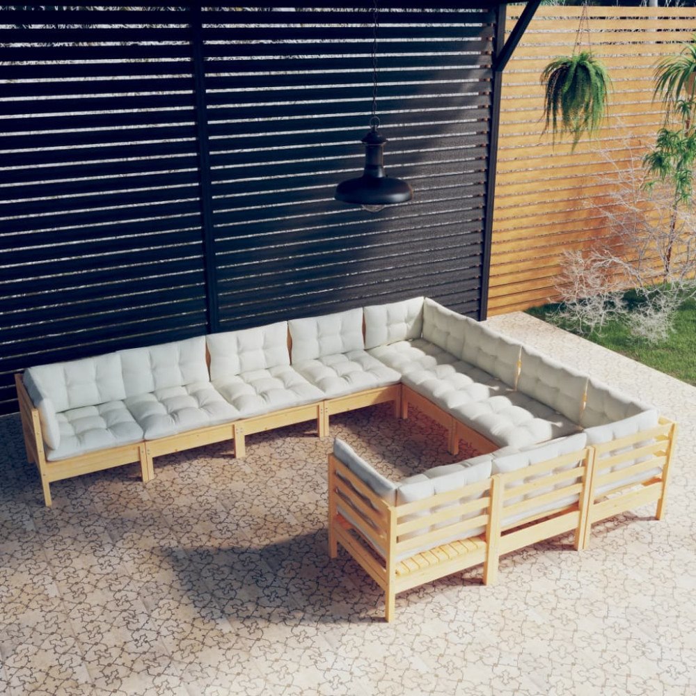 vidaXL Loungegrupp med gräddvita dynor 10 delar massiv furu