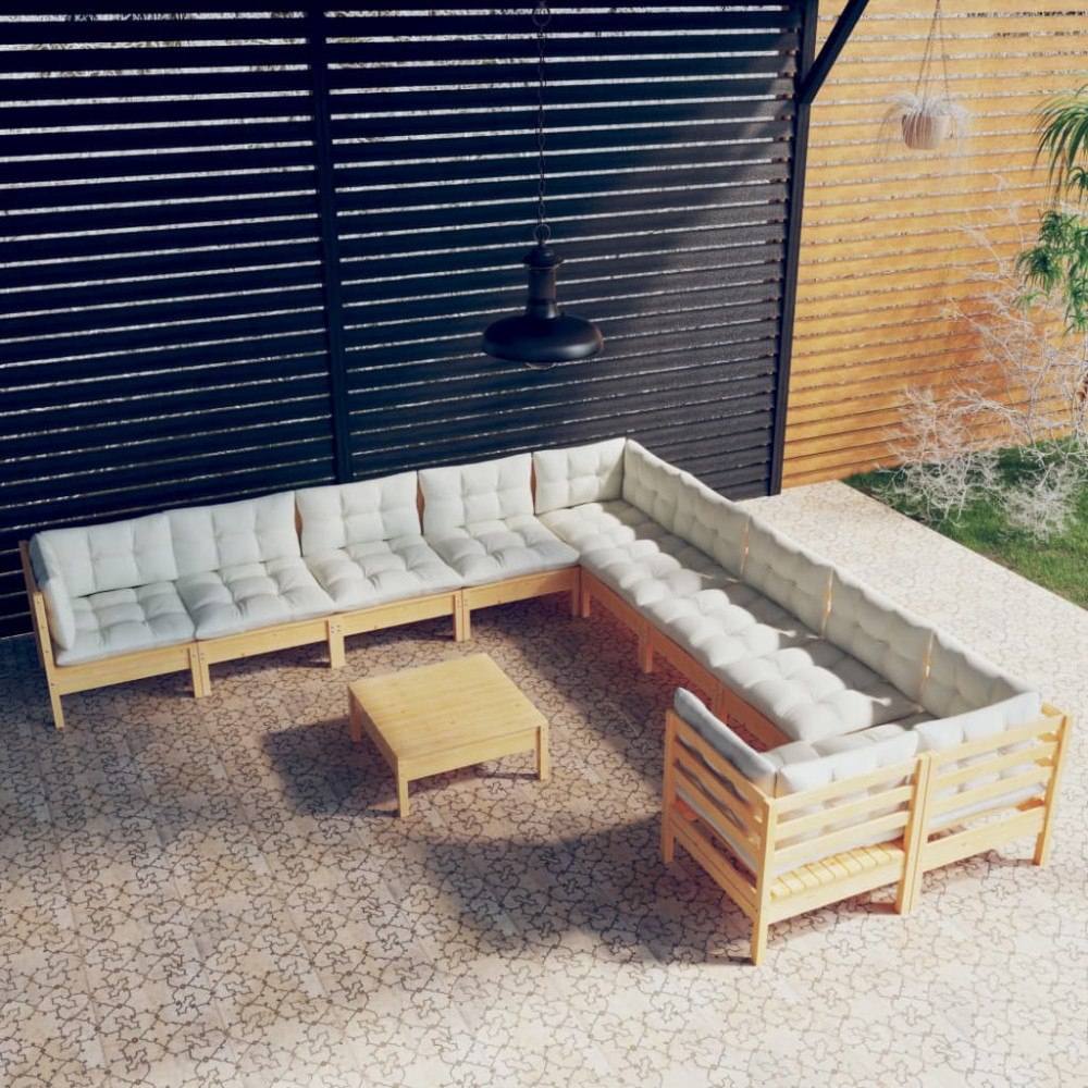 vidaXL Loungegrupp med gräddvita dynor 11 delar massiv furu
