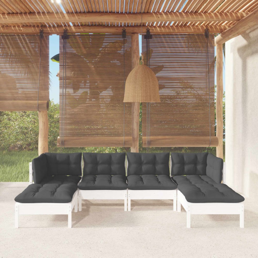 vidaXL Loungegrupp med dynor 6 delar vit massiv furu
