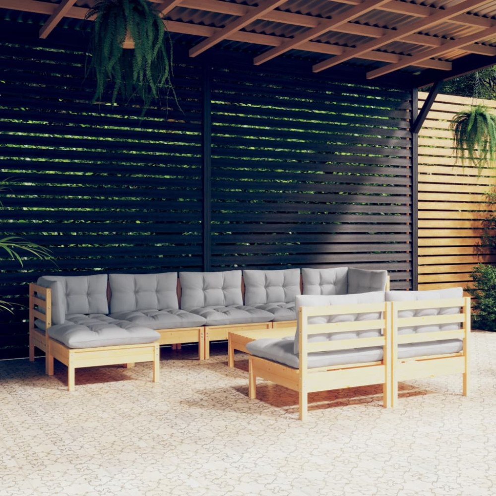 vidaXL Trädgårdssoffa 10-sits med grå dynor massiv furu