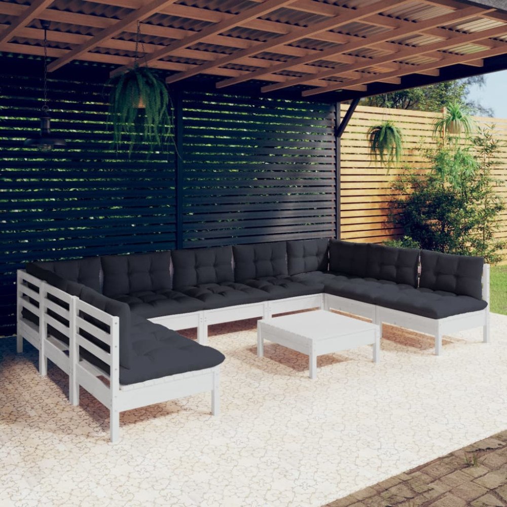 vidaXL Loungegrupp med dynor 10 delar vit massiv furu