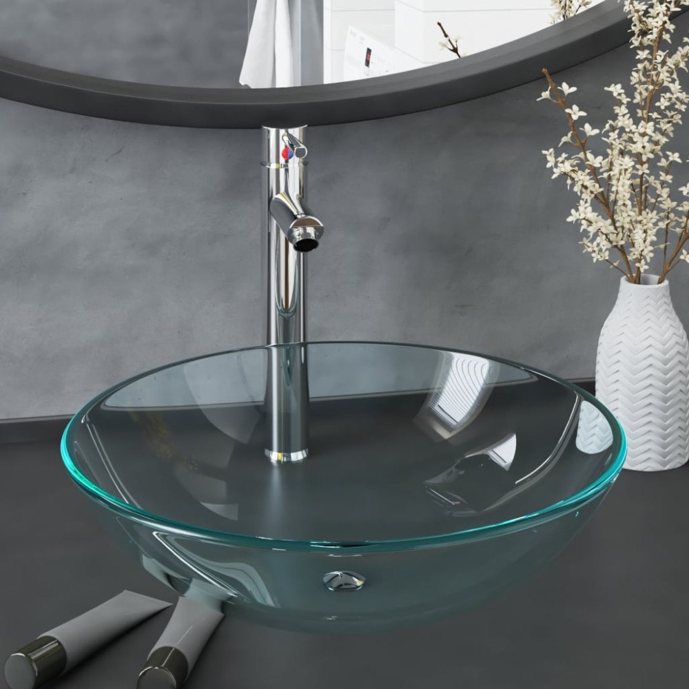 vidaXL Handfat med kran och tryckavlopp klart härdat glas