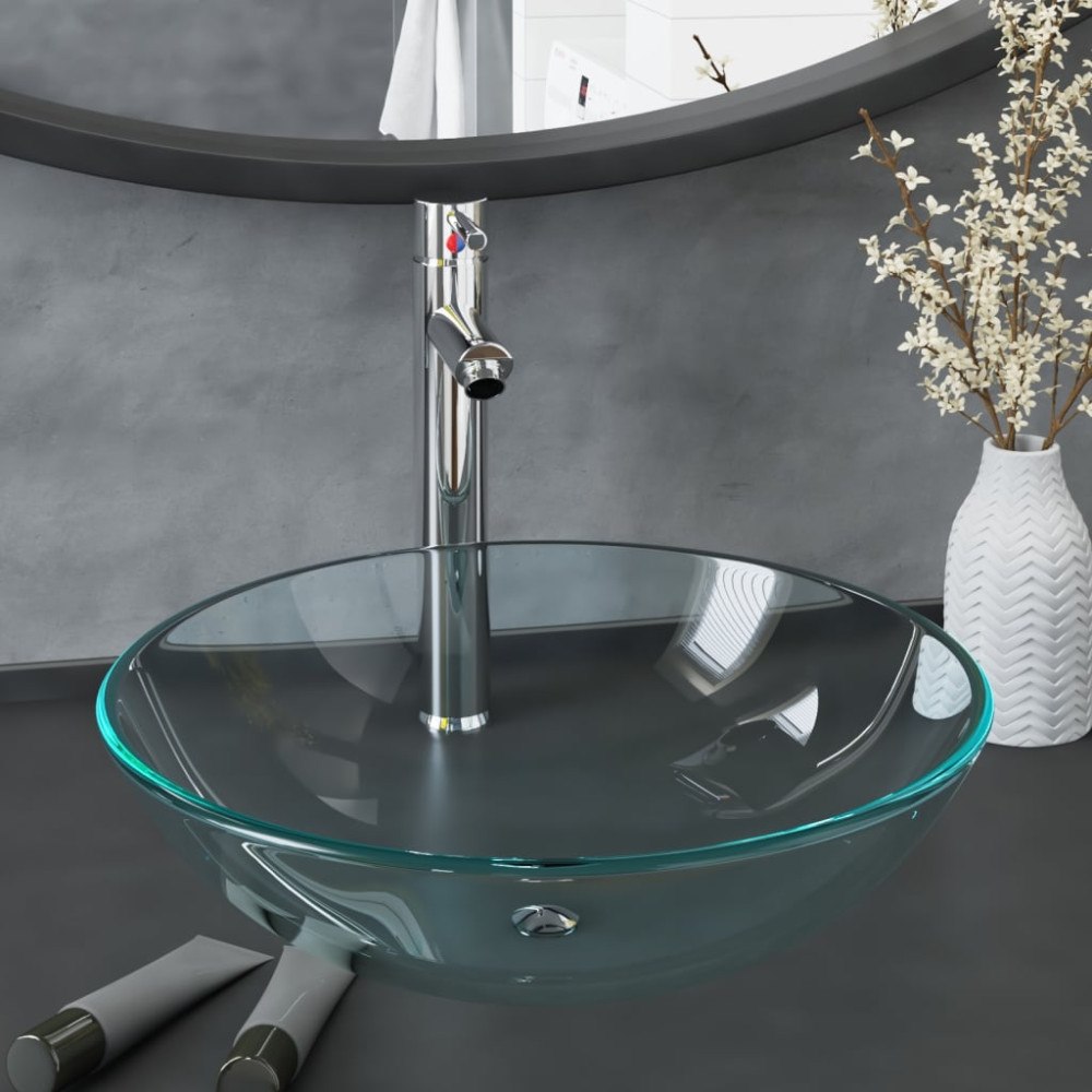vidaXL Handfat med kran och tryckavlopp klart härdat glas