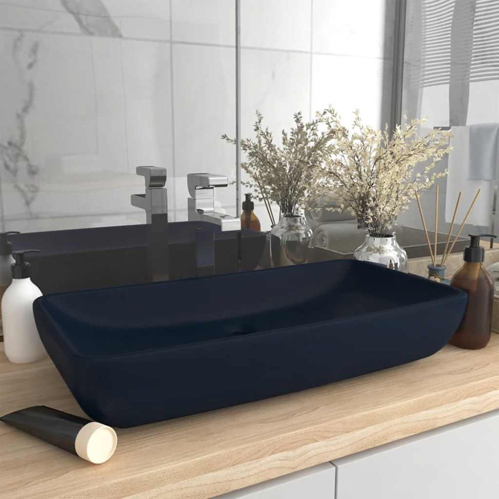 vidaXL Lyxigt rektangulärt handfat matt mörkblå 71x38 cm keramik