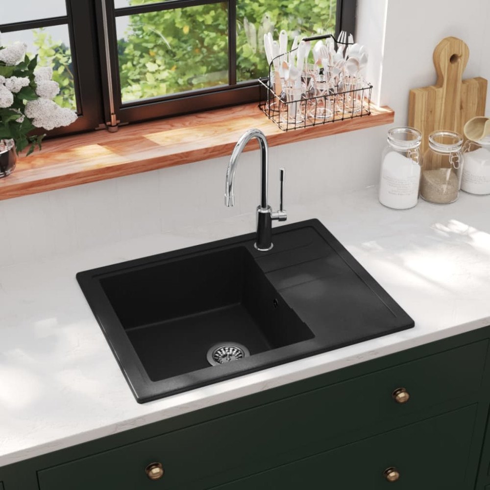 vidaXL Diskho med bräddavlopp oval svart granit