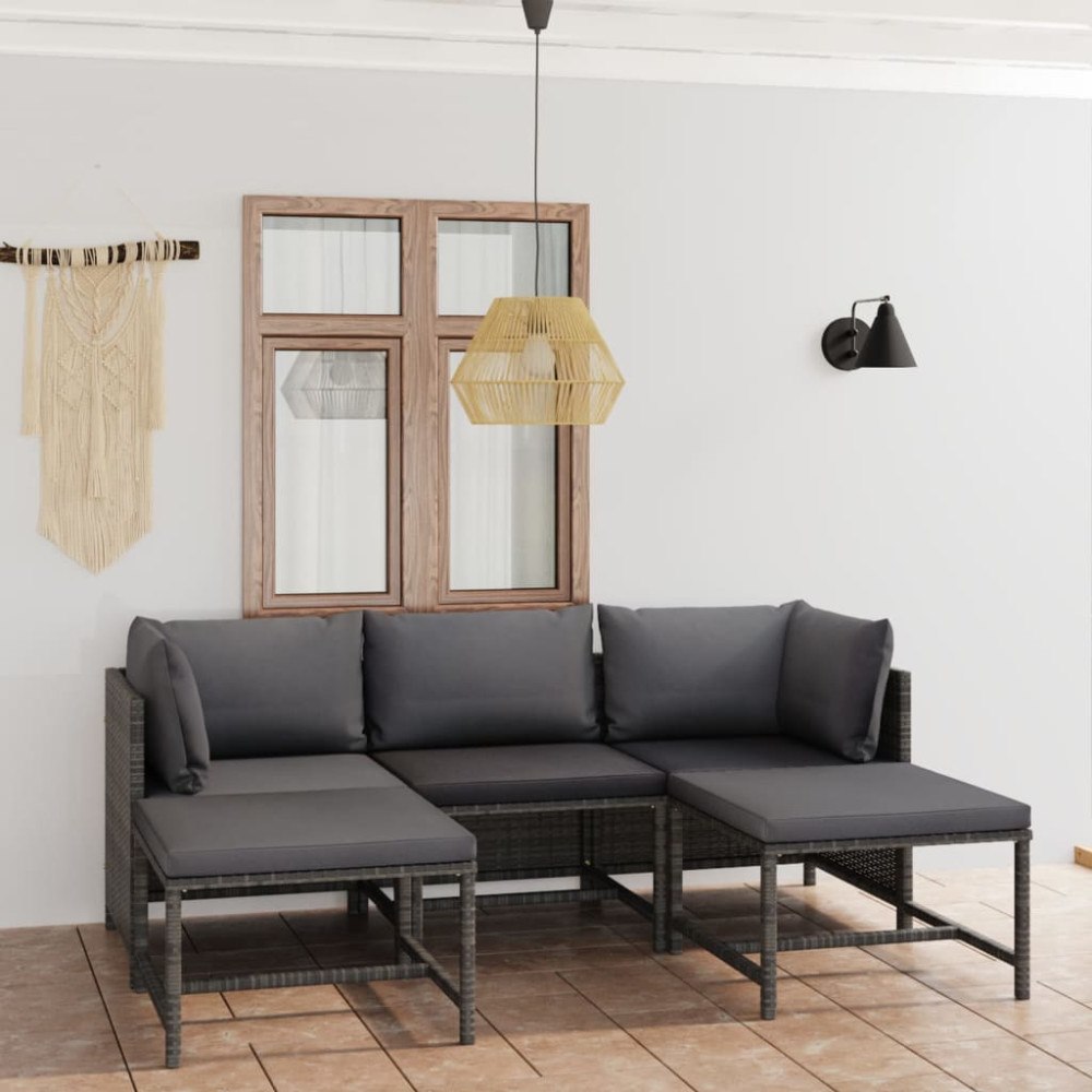 vidaXL Loungegrupp för trädgården med dynor 5 delar konstrotting grå
