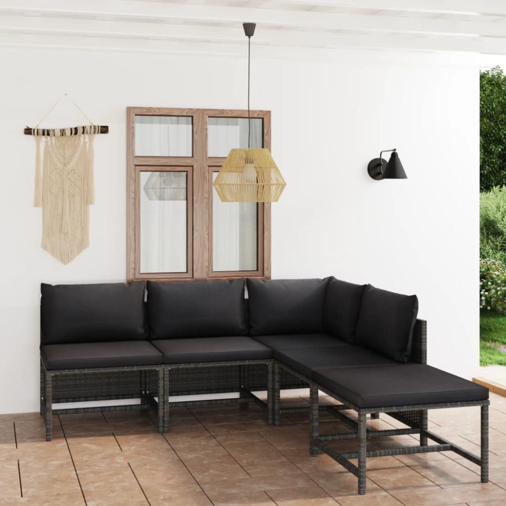 vidaXL Loungegrupp för trädgården med dynor 5 delar konstrotting grå