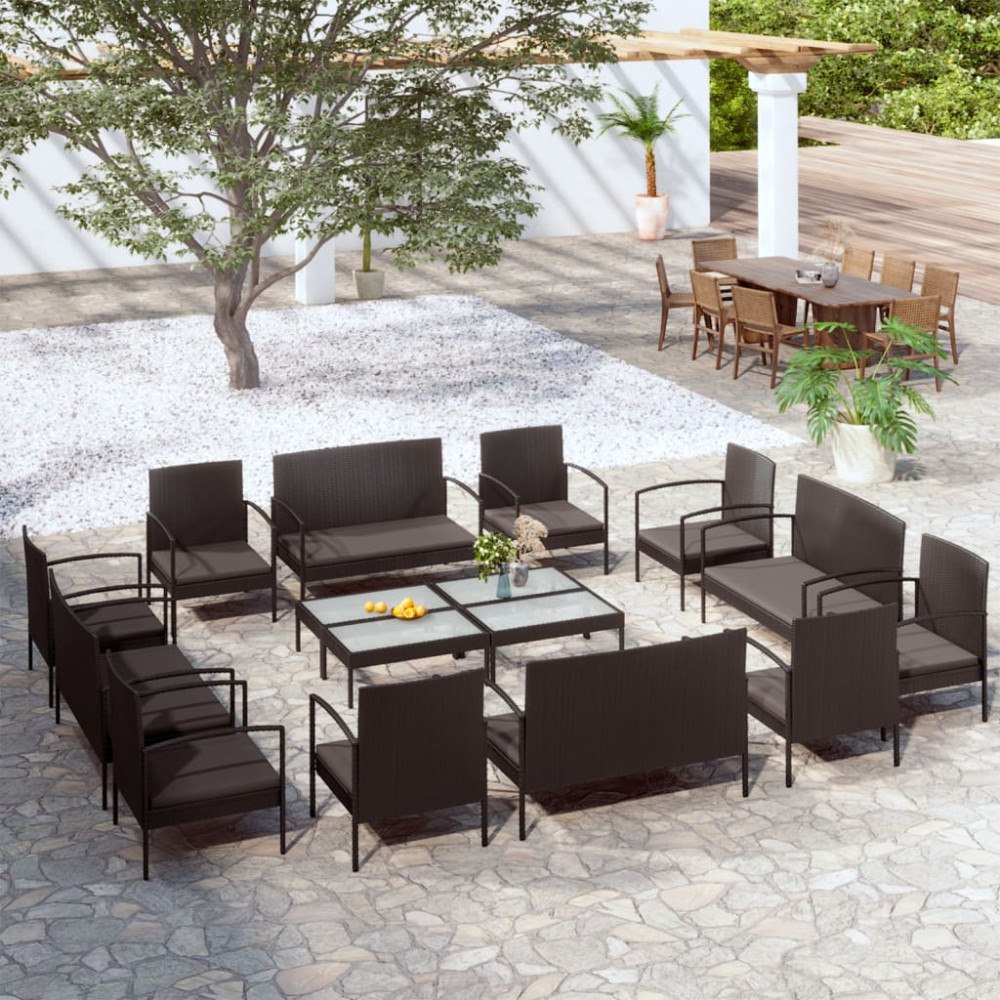 vidaXL Loungegrupp med dynor 16 delar konstrotting svart