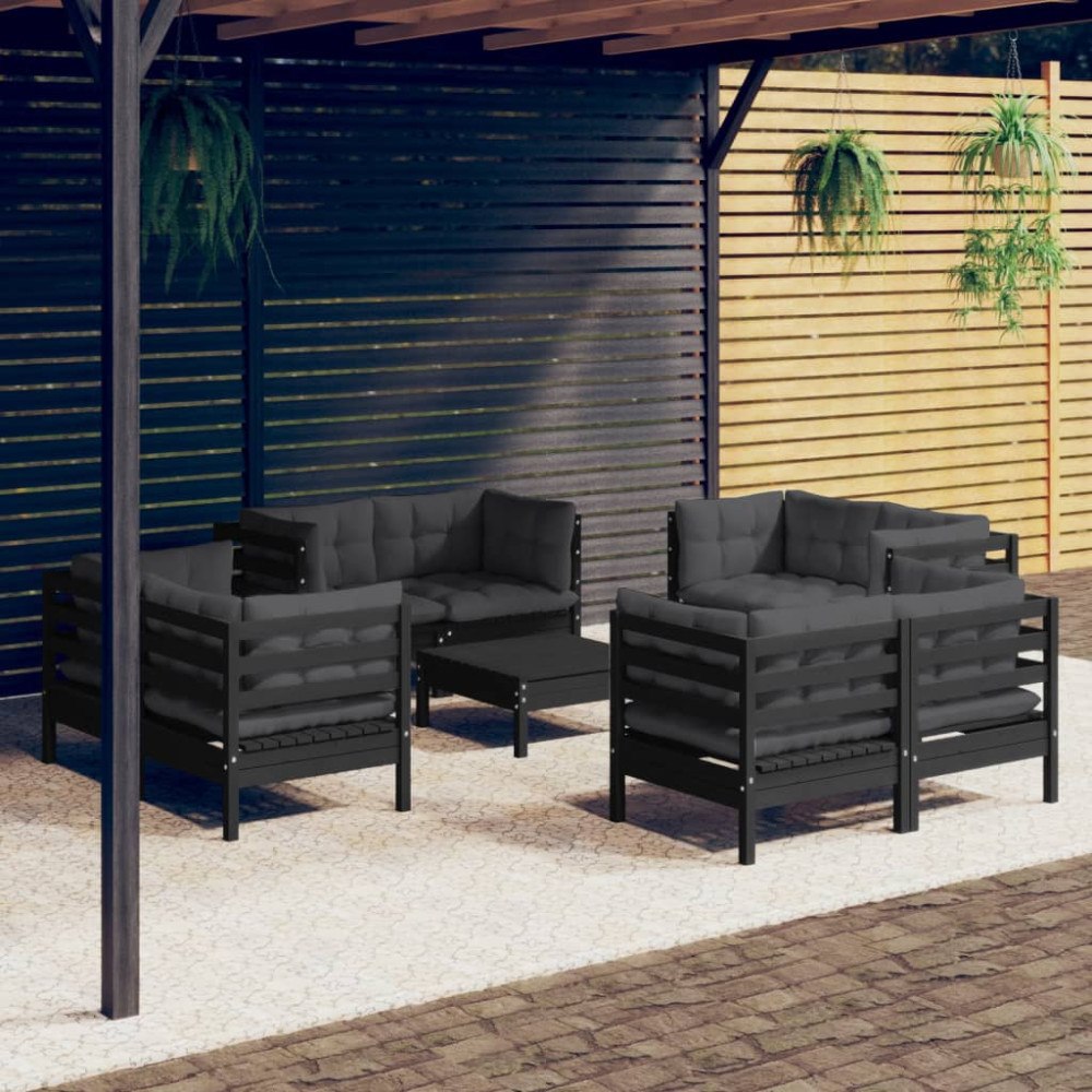 vidaXL Loungegrupp för trädgården med antracit dynor 9 delar massiv furu