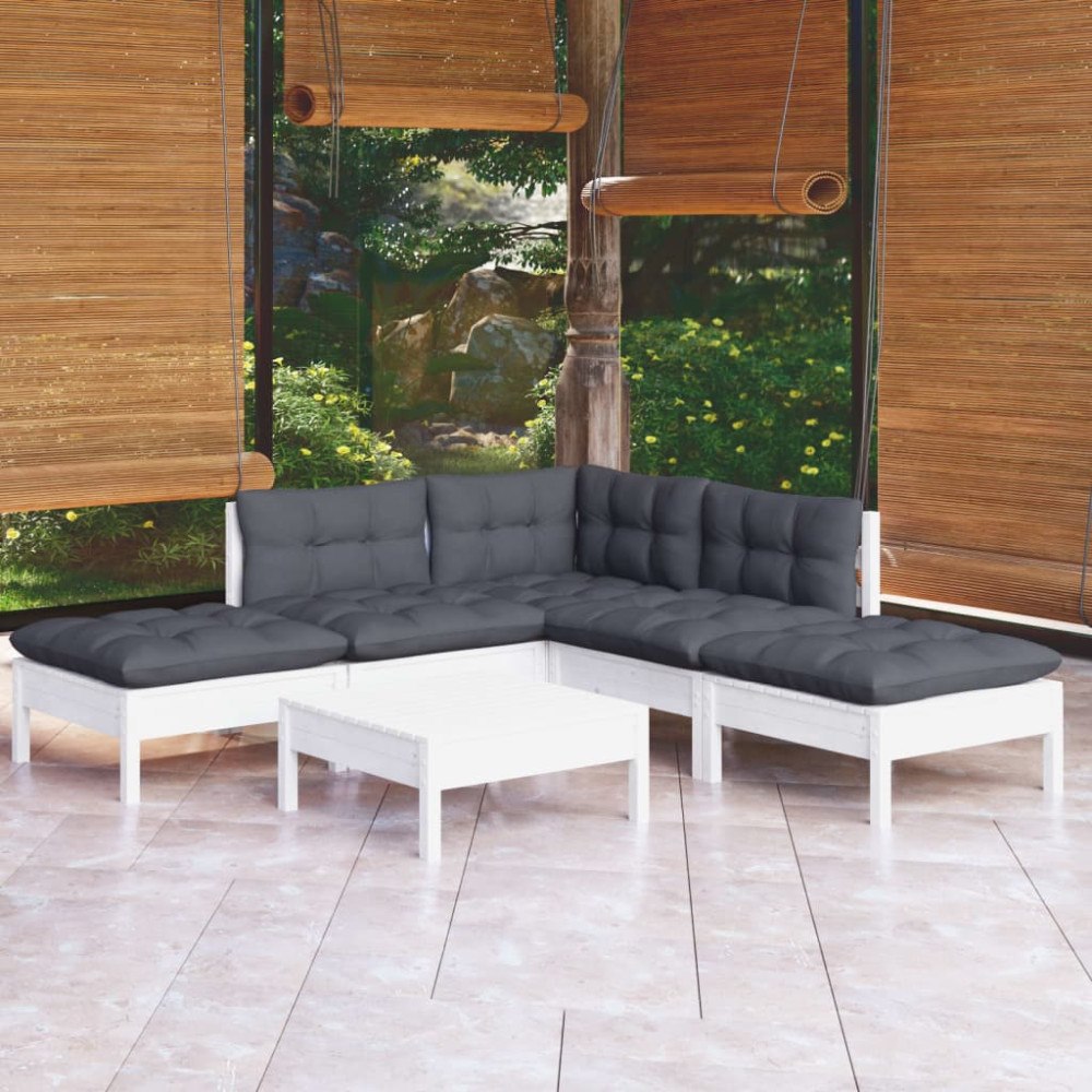 vidaXL Loungegrupp med dynor 6 delar vit massiv furu