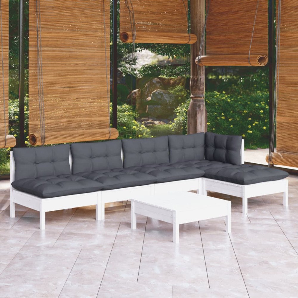 vidaXL Loungegrupp med dynor 6 delar vit massiv furu