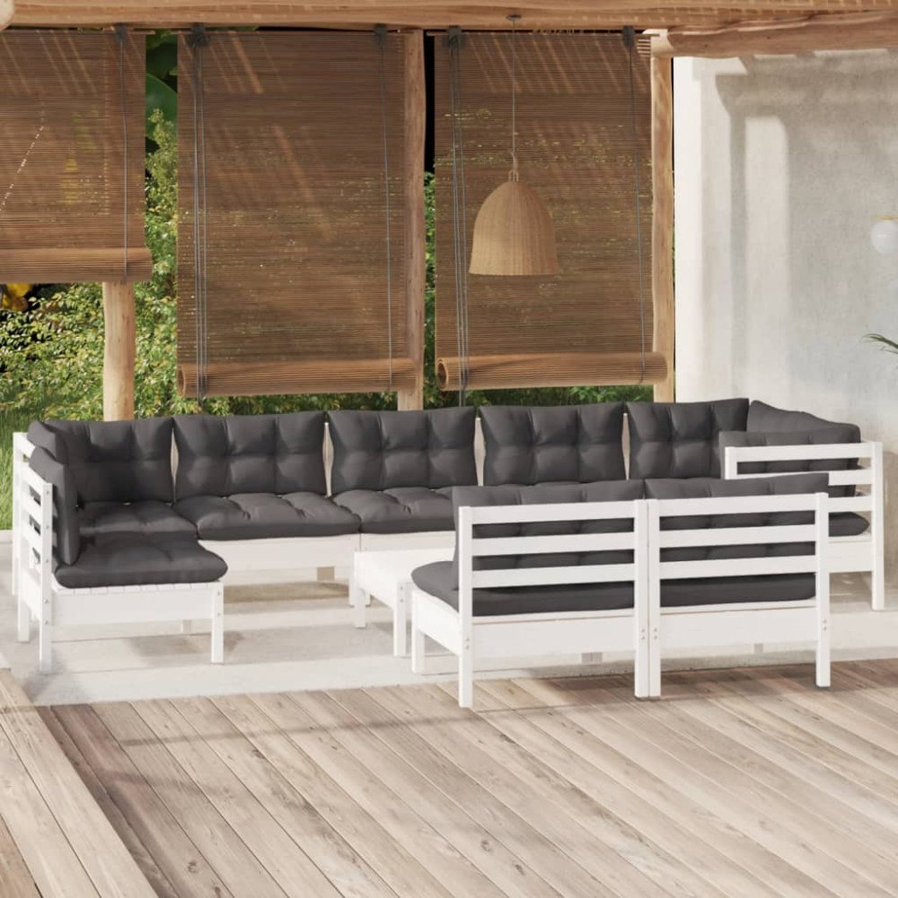 vidaXL Loungegrupp med dynor 10 delar vit massiv furu
