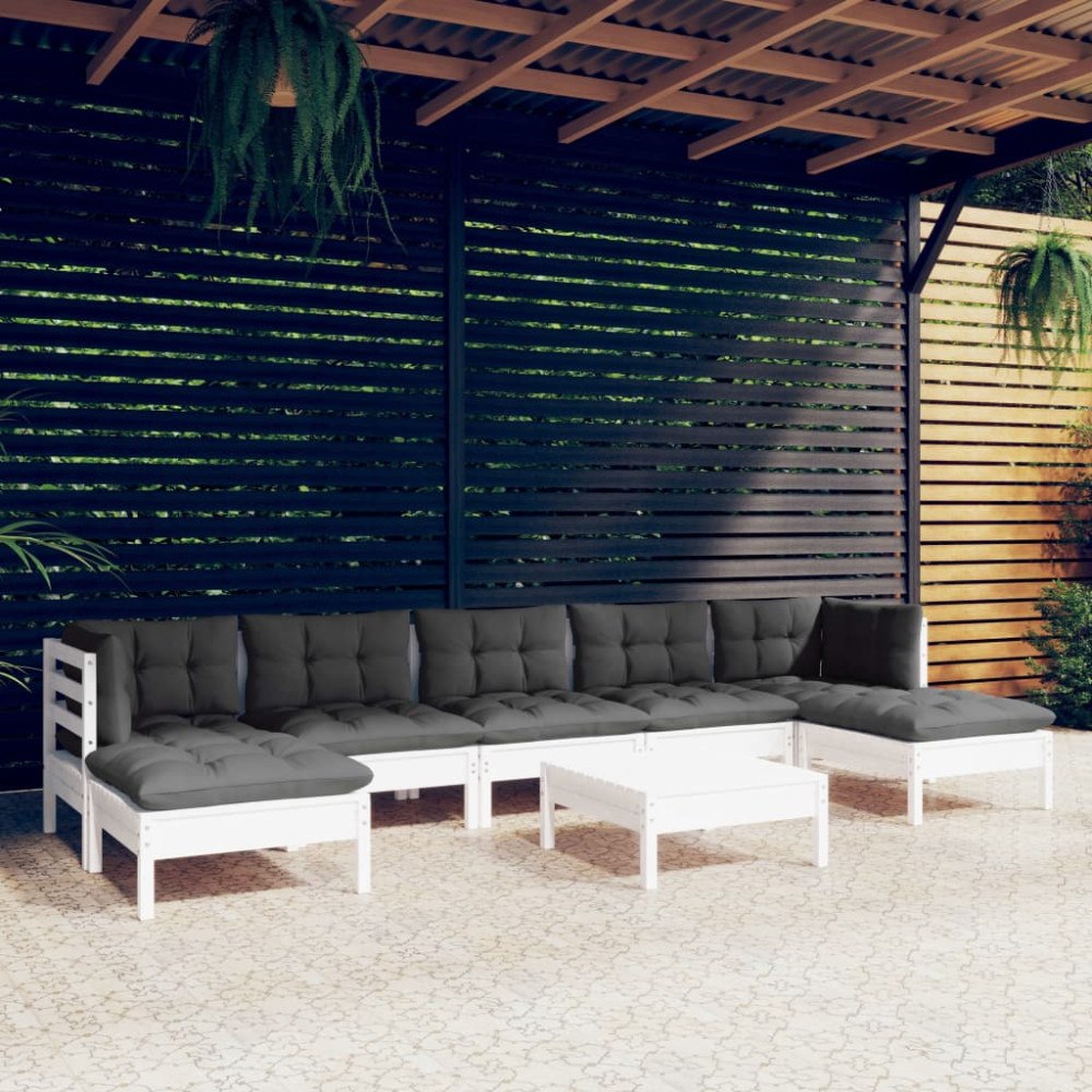 vidaXL Loungegrupp med dynor 8 delar vit massiv furu