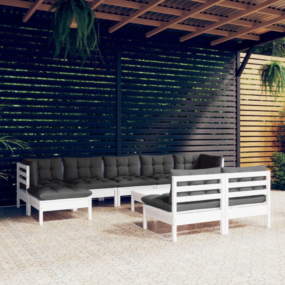vidaXL Loungegrupp med dynor 10 delar vit massiv furu