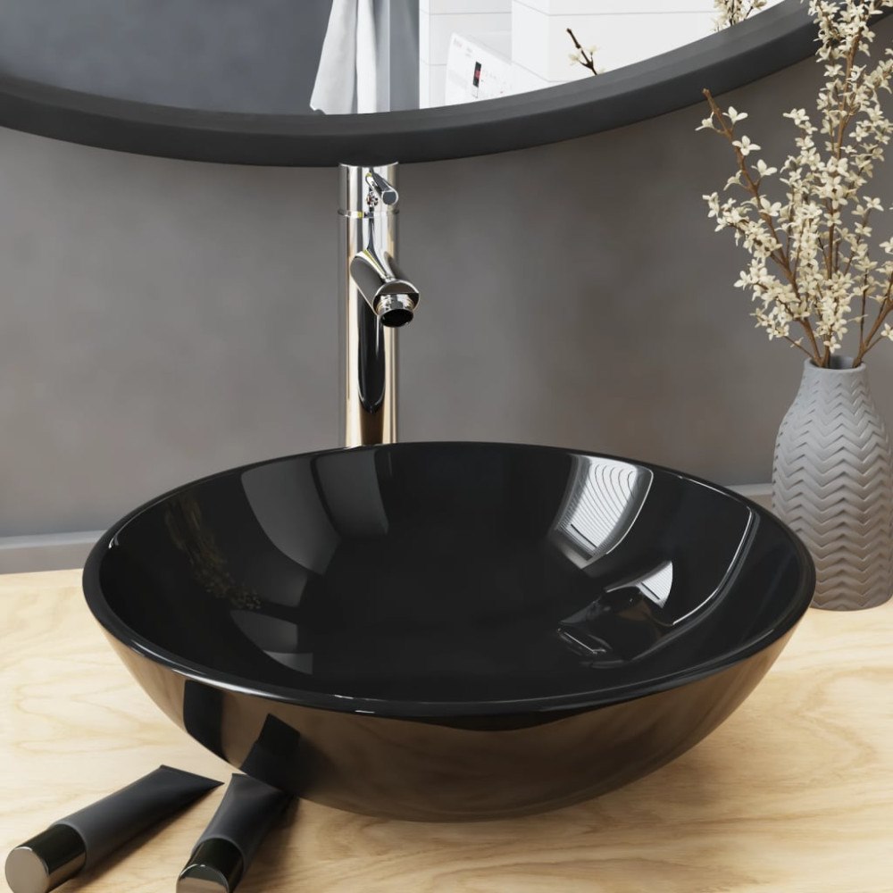 vidaXL Handfat med kran och tryckavlopp svart härdat glas