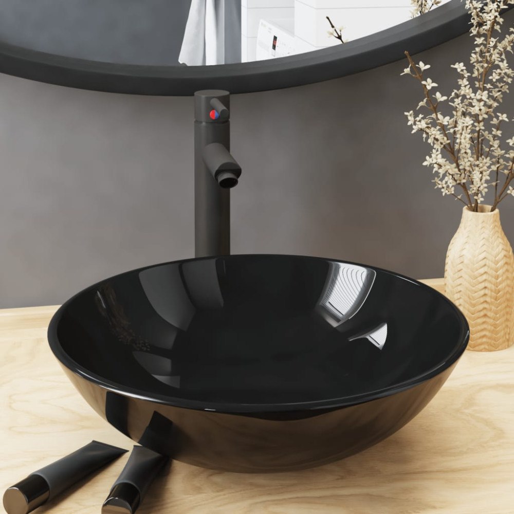 vidaXL Handfat med kran och tryckavlopp svart härdat glas