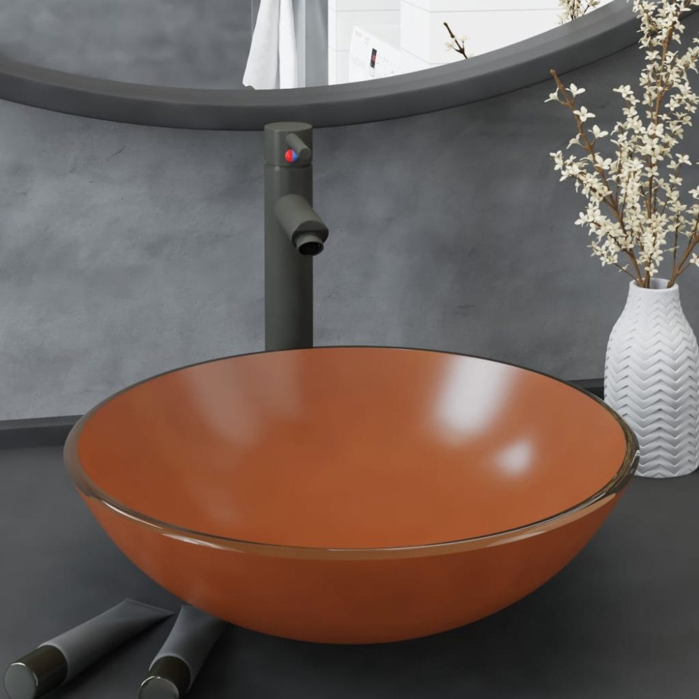 vidaXL Handfat med kran och tryckavlopp brunt härdat glas