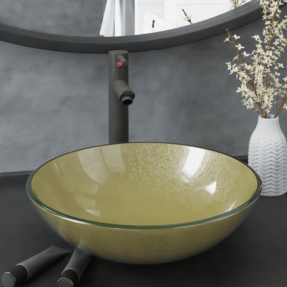 vidaXL Handfat med kran och tryckavlopp guld härdat glas