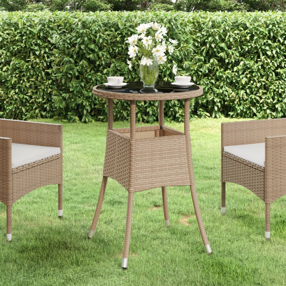 vidaXL Trädgårdsbord Ø60x75 cm härdat glas och konstrotting beige