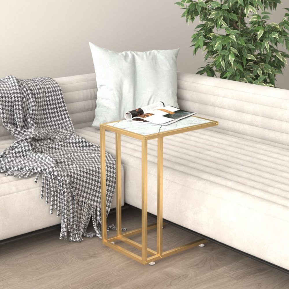 vidaXL Sidobord till datorbord vit marmor 50x35x65 cm härdat glas