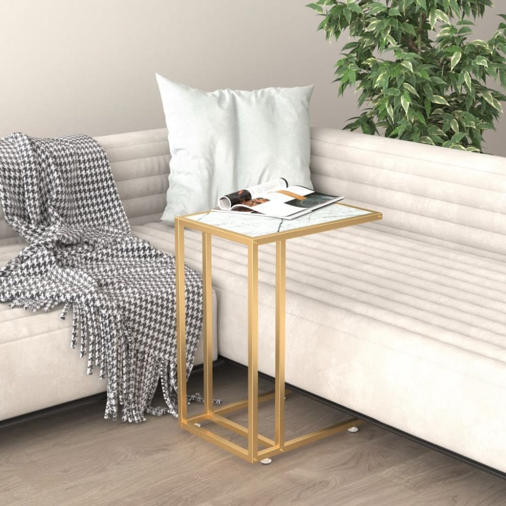 vidaXL Sidobord till datorbord vit marmor 50x35x65 cm härdat glas